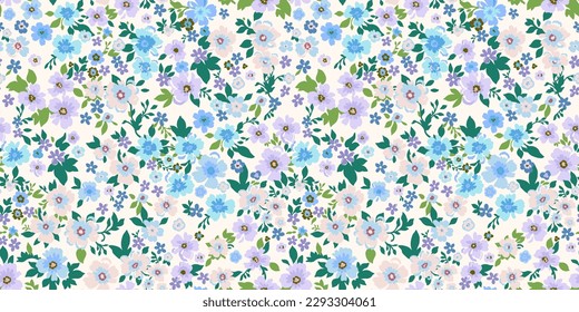 Seamless pattern. Vector flower design with cute wildflowers. Romantic abstract floral pattern on a light background. Illustration of spring nature in purple and blue tones.