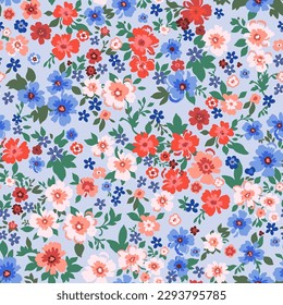 Seamless pattern. Vector flower design with cute wildflowers. Romantic abstract floral pattern on a blue background. Illustration of spring nature in bright red and blue tones.
