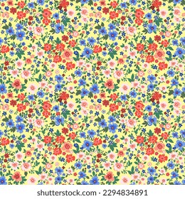 Seamless pattern. Vector flower design with cute wildflowers. Romantic abstract floral pattern on a bright yellow background. Illustrations of spring nature in bright red and blue tones.