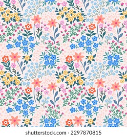 Seamless pattern. Vector flower design with cute wildflowers. Romantic abstract floral pattern on pale pink background. Illustrations of spring nature with red, blue and pink flowers.