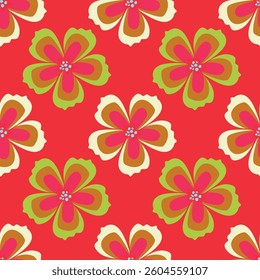 Seamless pattern. Vector flower design with cute wildflowers. Floral illustrations depicting red, yellow, light purple and blue flowers with green leaves on a dark green background