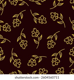 Seamless pattern. Vector flower design with cute wildflowers. Floral illustrations depicting red, yellow, light purple and blue flowers with green leaves on a dark green background