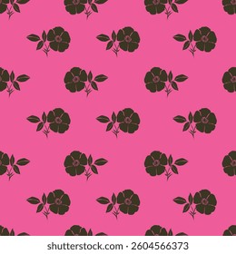Seamless pattern. Vector flower design with cute wildflowers. Floral illustrations depicting red, yellow, light purple and blue flowers with green leaves on a dark green background