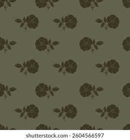 Seamless pattern. Vector flower design with cute wildflowers. Floral illustrations depicting red, yellow, light purple and blue flowers with green leaves on a dark green background