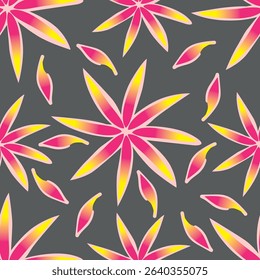 Seamless pattern. Vector flower design with cute wildflowers. Floral illustrations depicting red, yellow, light purple and blue flowers with green leaves on a dark green background
