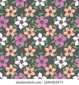 Seamless pattern. Vector flower design with cute wildflowers. Floral illustrations depicting red, yellow, light purple and blue flowers with green leaves on a dark green background
