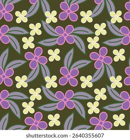 Seamless pattern. Vector flower design with cute wildflowers. Floral illustrations depicting red, yellow, light purple and blue flowers with green leaves on a dark green background
