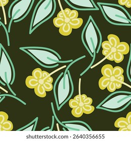Seamless pattern. Vector flower design with cute wildflowers. Floral illustrations depicting red, yellow, light purple and blue flowers with green leaves on a dark green background
