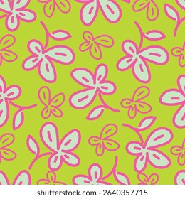 Seamless pattern. Vector flower design with cute wildflowers. Floral illustrations depicting red, yellow, light purple and blue flowers with green leaves on a dark green background
