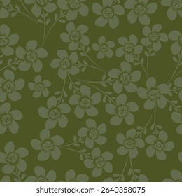 Seamless pattern. Vector flower design with cute wildflowers. Floral illustrations depicting red, yellow, light purple and blue flowers with green leaves on a dark green background
