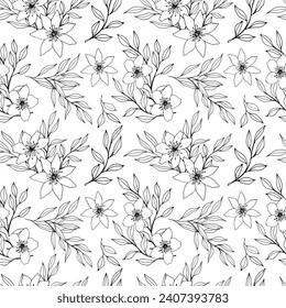 Seamless pattern with vector flower, leaves and branch composition. Elegant print for decoration. ink hand drawing monochrome botanical illustration for backgrounds.