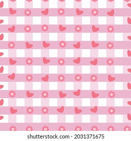 Seamless pattern vector. Flowers and hearts on pastel gingham background