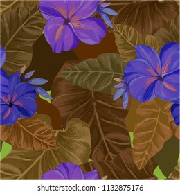 Seamless pattern. Vector. Flowers, leaves and buds of plumeria. Tropical leaves and flowers. Wallpaper.  Use printed materials, signs, posters, postcards, packaging.