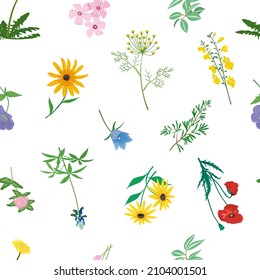 Seamless pattern of vector flowers and leaves isolated on white background. Hand drawn illustrations.