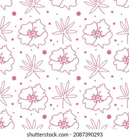 Seamless pattern with vector flowers in Pacific Pink on white background. Repeating, Floral, botanical print hand drawn.Design for wrapping paper, packaging, social media, textiles, fabric.