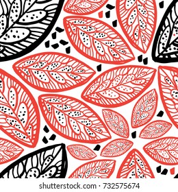 Seamless pattern vector. Foliage endless background. Doodles style. Hand drawn leaves