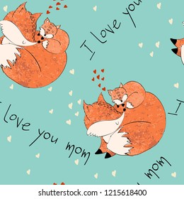 Seamless pattern. Vector fox mom and baby
