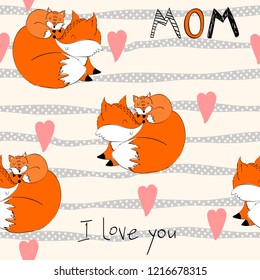 Seamless pattern. Vector fox mom and baby
