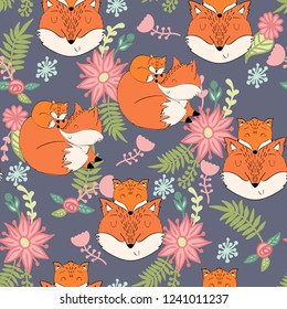 Seamless pattern. Vector fox mom and baby