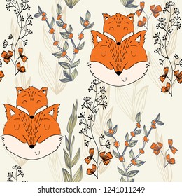 Seamless pattern. Vector fox mom and baby