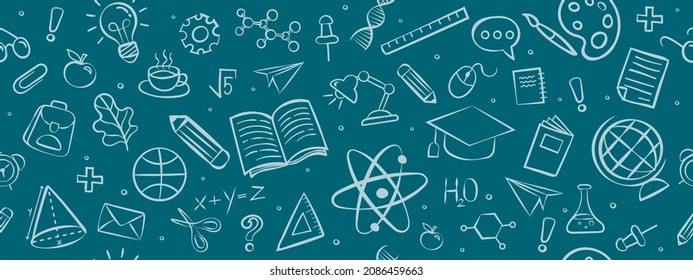 Seamless pattern. Vector frame back to school with education doodle icon symbols on black chalkboard. frame back to school. EPS10.