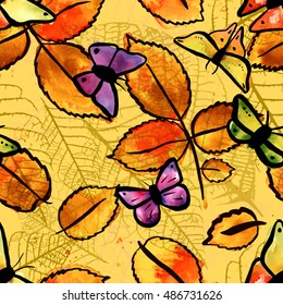 A seamless pattern with vector freehand watercolour drawings of golden yellow leaves and purple butterflies. The concept of a happy autumn