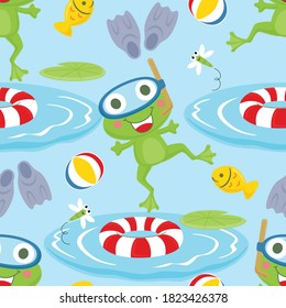 Seamless pattern vector of frog wearing diving goggles, swimming elements illustration, swamp animals cartoon