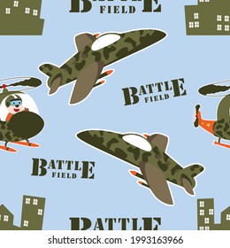 Seamless pattern vector of funny animal pilot on military helicopter, For fabric textile, nursery, baby clothes, background, textile, wrapping paper and other decoration.