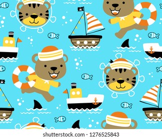 Seamless pattern vector of funny animals sailor cartoon. Sailing elements cartoon