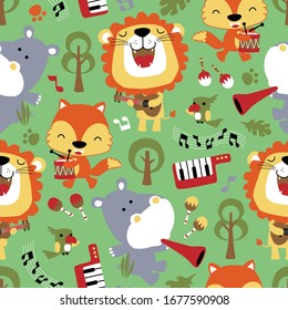 seamless pattern vector of funny animals cartoon playing music instrument, musical elements illustration