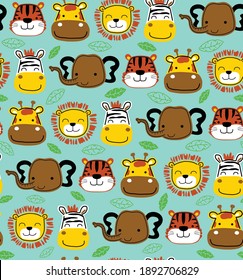 Seamless pattern vector of funny animals head cartoon
