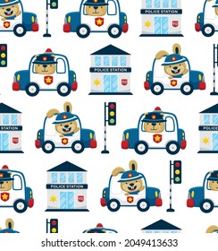 Seamless pattern vector of funny animals driving police car with traffic cop elements cartoon