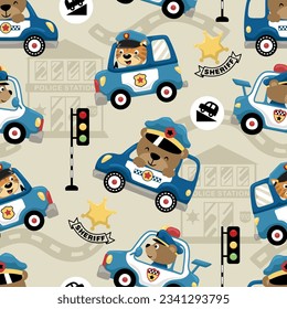 Seamless pattern vector of funny animals driving police car, traffic cop elements