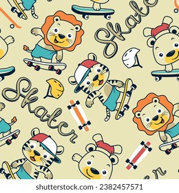 Seamless pattern vector of funny animals cartoon skateboarding