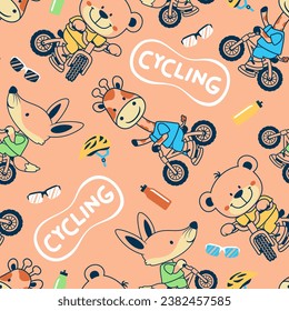 Seamless pattern vector of funny animals cartoon cycling with bicycling elements