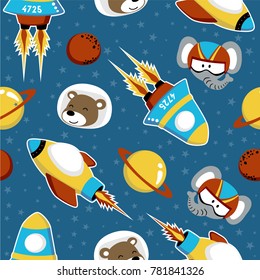 seamless pattern vector of funny animals head wearing astronaut helmet with spaceship