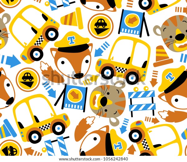 seamless pattern vector with funny animals head,\
car, traffic signs