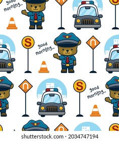 Seamless pattern vector of funny bear in policeman uniform with patrol car and traffic signs