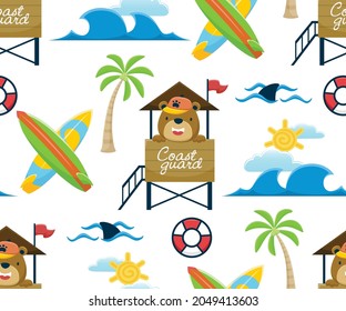 Seamless pattern vector of funny bear cartoon on lifeguard post with summer beach holiday elements