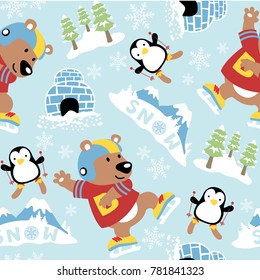 seamless pattern vector of funny bear playing ice skating with penguin skiing, cartoon winter elements