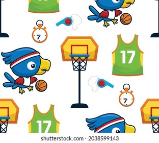 Seamless pattern vector of funny bird cartoon playing basketball with basketball elements