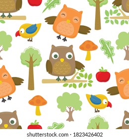 Seamless pattern vector of funny birds cartoon with tree, leaf, mushroom and fruit