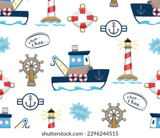 seamless pattern vector of funny boat cartoon with sailing elements