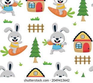 Seamless pattern vector of funny bunny cartoon with carrot, house, trees and fence. Fairy tale elements