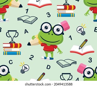 Seamless pattern vector of funny cartoon frog carrying big pencil, school supplies elements