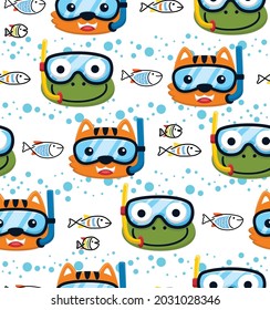 Seamless pattern vector of funny cat and frog in diving goggles, fish on bubble water background