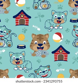 Seamless pattern vector of funny cat cartoon with pets care elements