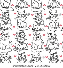 Seamless pattern in vector with funny cats and pink hearts. Cats are sitting, sleeping, smiling