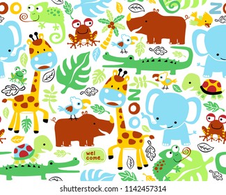 Seamless pattern vector of funny colorful animals cartoon, jungle elements illustration