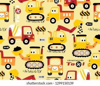 Seamless pattern vector of funny construction vehicles cartoon with construction element